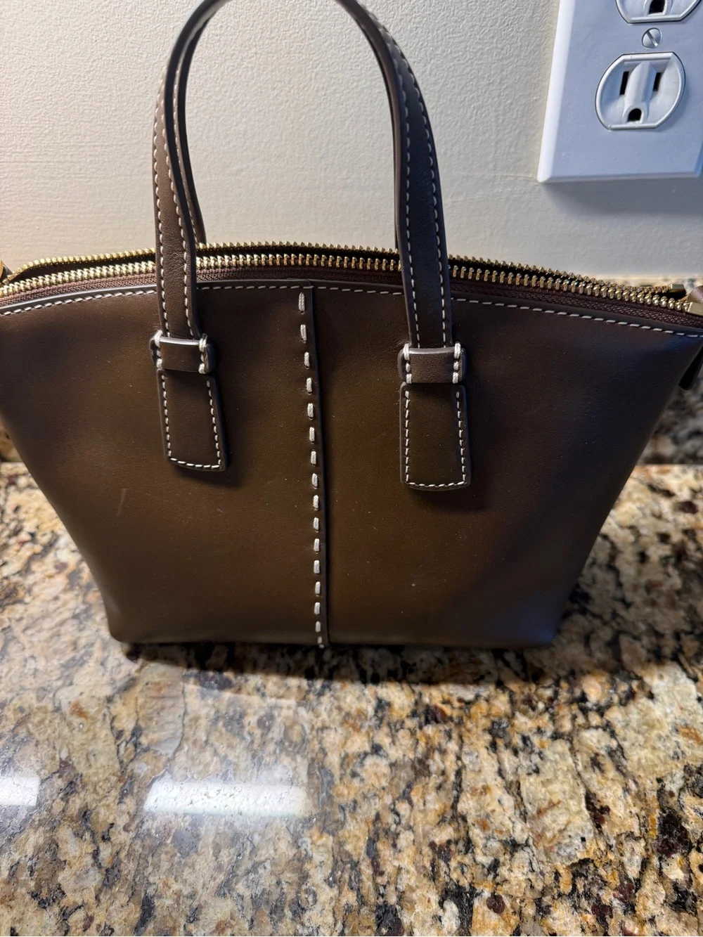 Tory Burch Dark Brown Leather Top-Handle Satchel with White Stitching